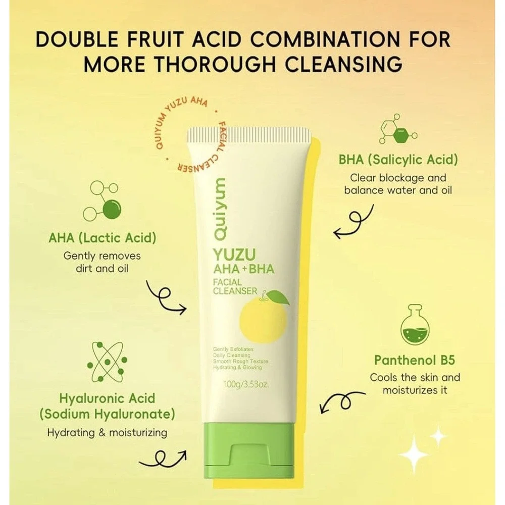New Quiyum Yuzu AHA BHA Facial‎ Cleanser 100g 3.53oz Exfoliating Hydrating Wash